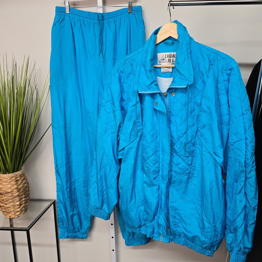 Vintage Casual Isle Womens Turquoise Nylon Tracksuit Jacket‎ Pants Set XL